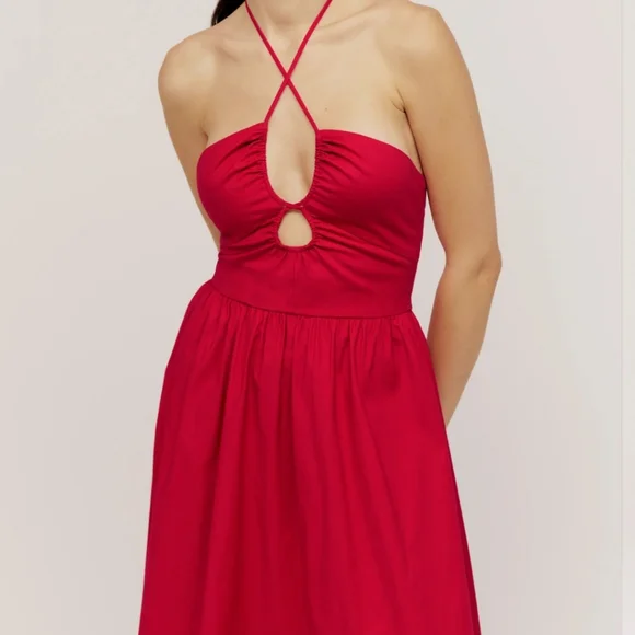Reformation Stassie Sleeveless Halter Tie Midi Dress in Cherry Red - Picture 3 of 16
